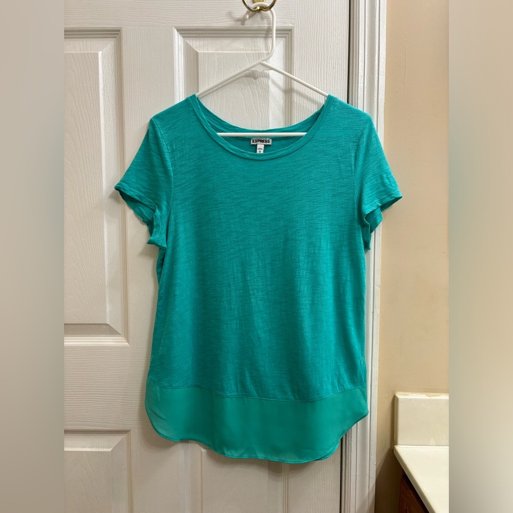Express Teal Crewneck Short Sleeve Basic T-Shirt Dolphin Hem Mesh Inlay Small